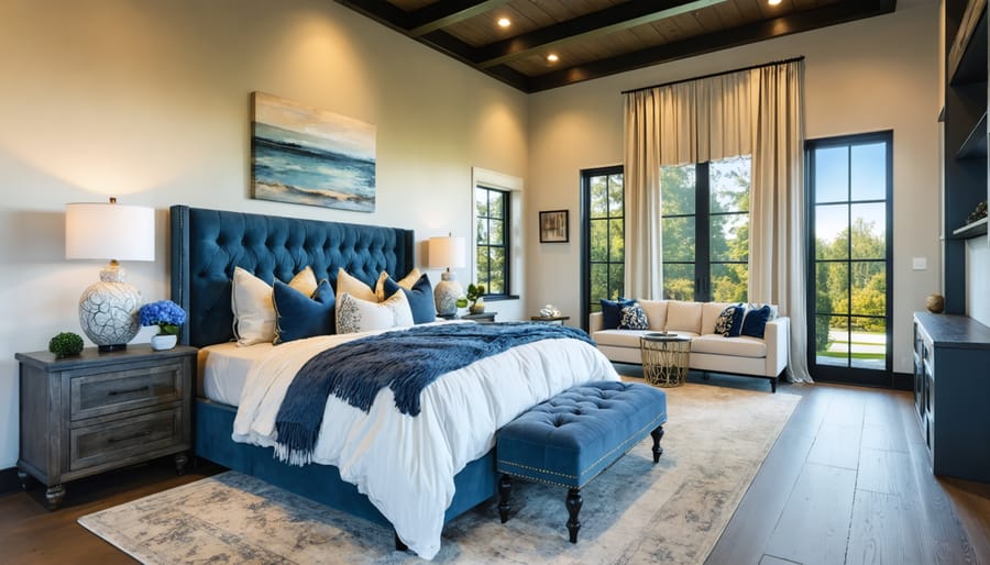 Elegantly staged master bedroom with tufted headboard and layered neutral bedding