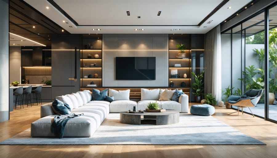 Modern minimalist living room with grey sofa and glass coffee table staged using AI technology