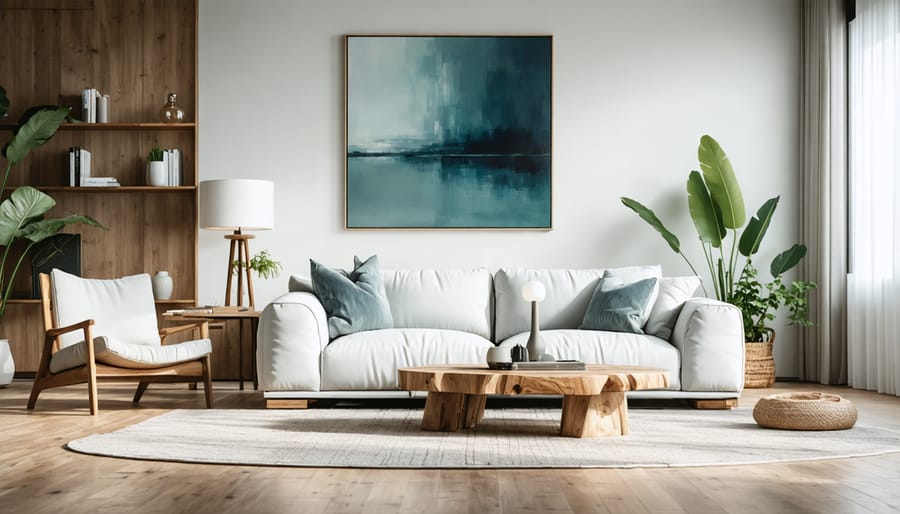 Scandinavian-style room with light wood floors, white furniture, and natural plants