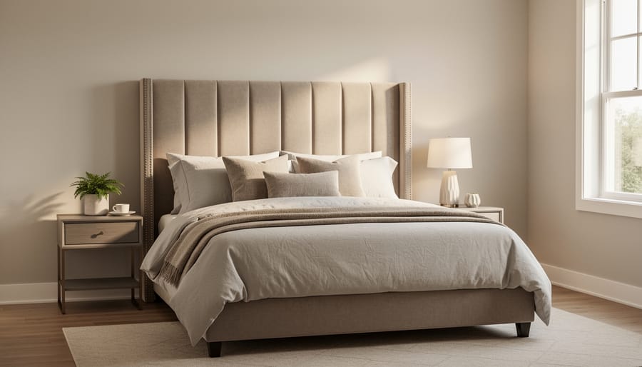 Bedroom featuring custom-made upholstered headboard with tufted gray fabric and styled neutral bedding
