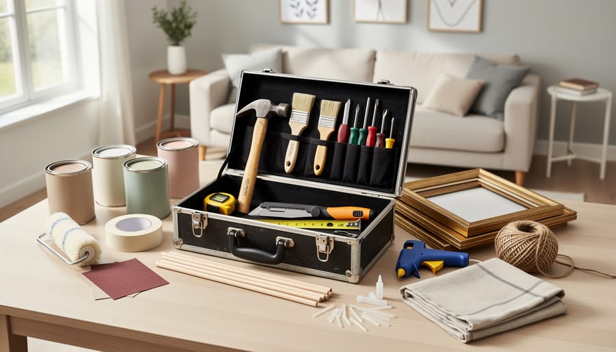 Organized collection of essential DIY tools including paintbrushes, hammer, measuring tape and craft supplies on white table