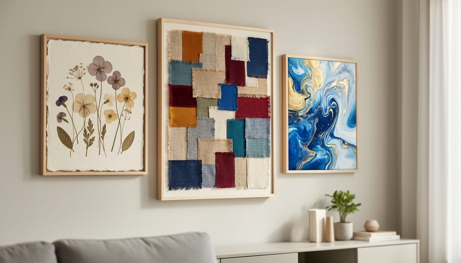 Collection of handmade DIY wall art including pressed flowers, abstract paintings, and fabric art pieces