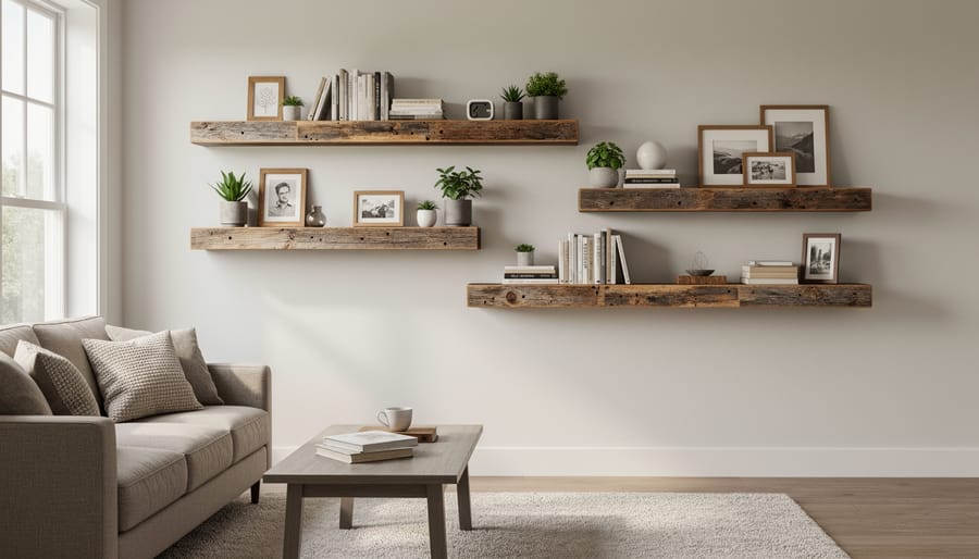 Living room with DIY reclaimed wood floating shelves displaying plants and decorative items