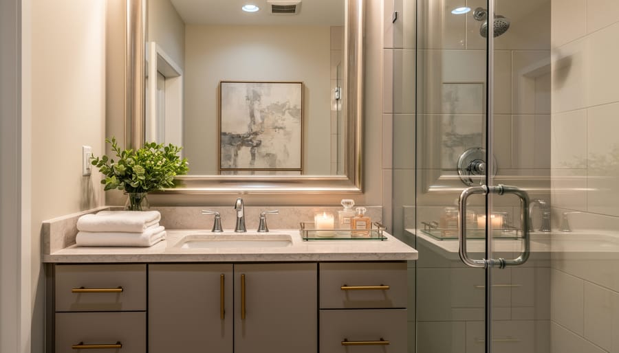 Bathroom glam scene with a gold-trim mirror, brass towel hooks, and neatly styled towels and countertop items.