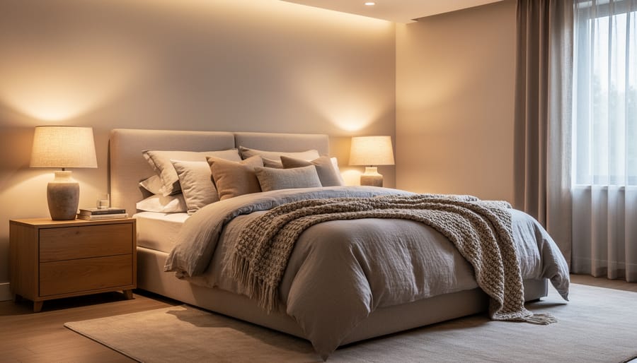 Bedroom glam styling with an upholstered headboard, satin bedding, rose-gold nightstands, and a glowing table lamp.