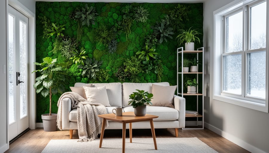 Moss wall and indoor plants in a cozy Canadian living room corner with natural wood and stone textures
