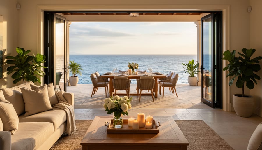 Covered coastal porch with sliding glass doors and outdoor dining set connected to an open-plan interior.