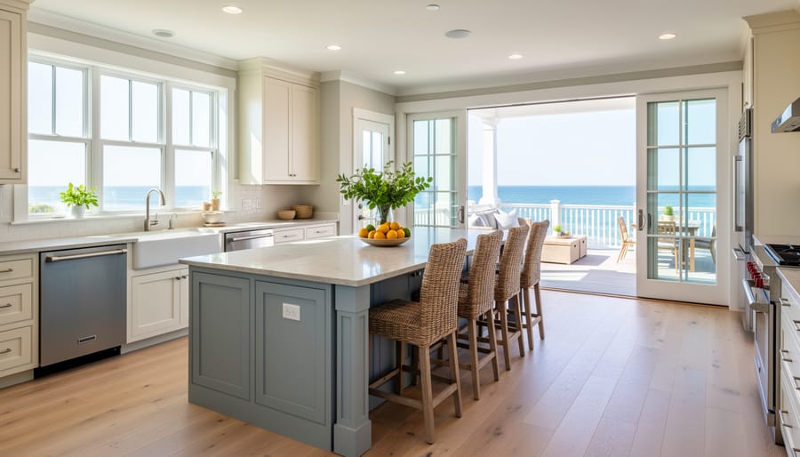 Coastal kitchen island and counter with durable surfaces, stainless sink, and bright window light near an outdoor patio door.