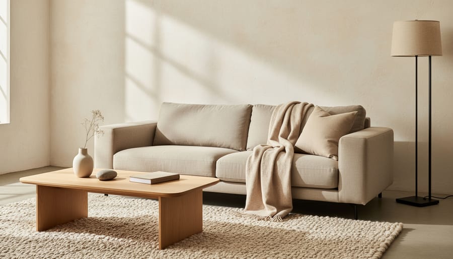 Living space corner with glass vase and brass accents beside an upholstered chair in warm golden-hour light