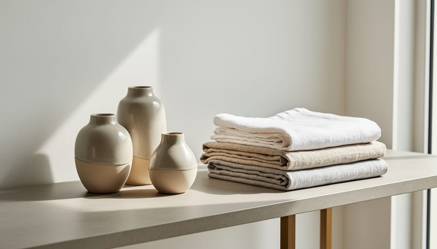 Contemporary living room tabletop with a sculptural ceramic vase, neutral linen throw, and minimalist decor accessories.