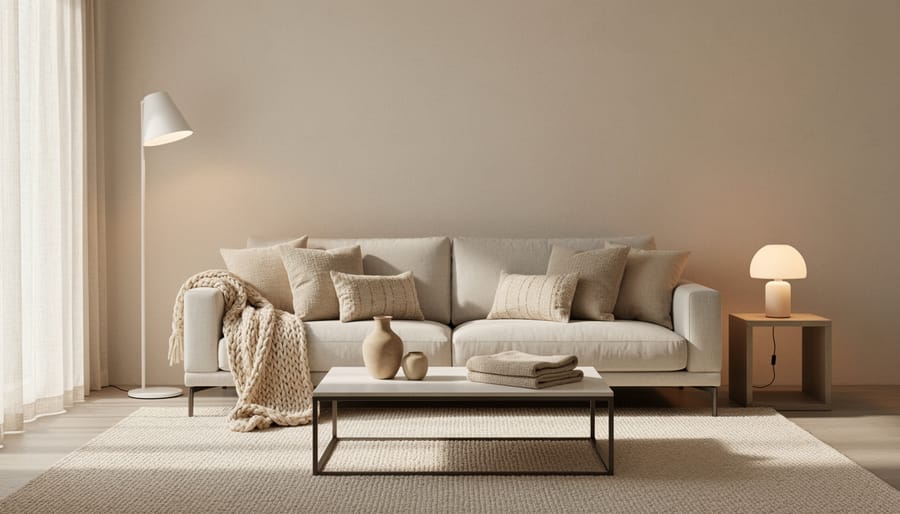 Contemporary reading corner with a floor lamp, natural fiber rug, ceramic tray, and styled candles.