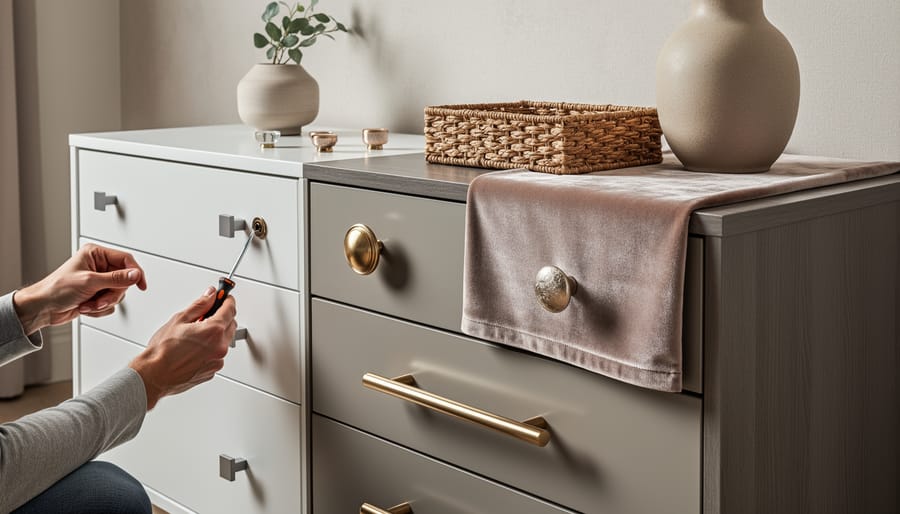 Thrifted furniture DIY glam setup with metallic hardware, paint tools, and a velvet fabric swatch on a work surface.