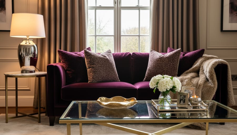 Glamorous living room scene with a brass mirror, warm gold floor lamp, and velvet sofa in jewel tones.