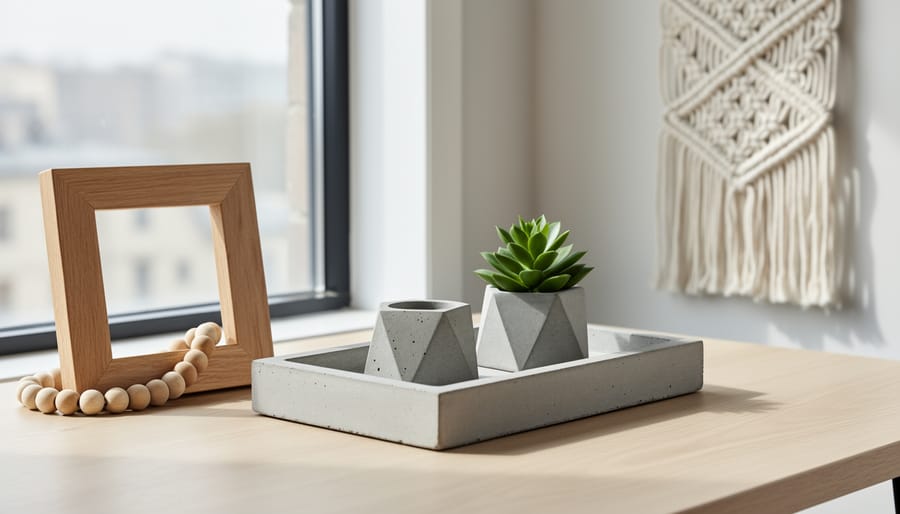 Minimalist still life of concrete planter, stained wooden tray, and macramé wall hanging on a worktable.