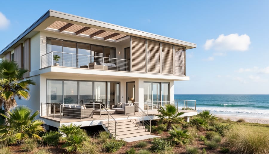 Modern coastal home exterior with impact windows, covered entry, elevated foundation, and ocean view in the distance.