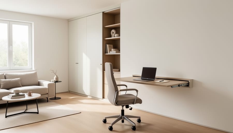 Compact room with a closed Murphy desk setup and cozy seating in warm neutral tones