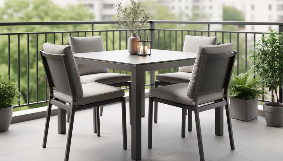 Compact outdoor dining set with chairs and a dining table near a patio door