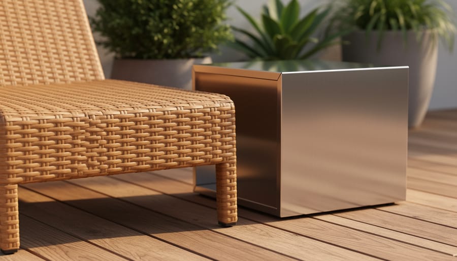 Close-up of outdoor patio furniture materials including wicker, aluminum, and teak with warm sunlight
