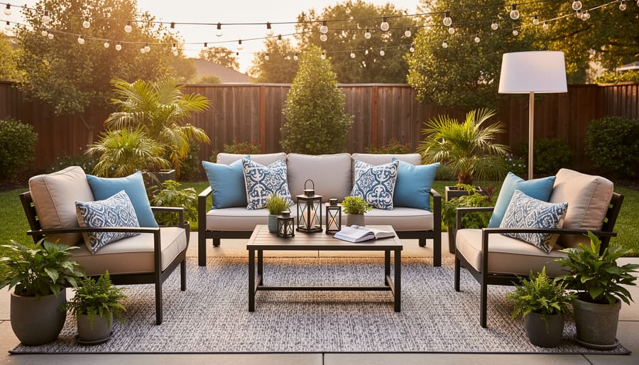 Modern patio conversation area with sofa, armchairs, and a round coffee table arranged on a stone patio