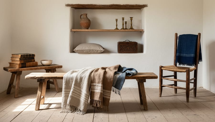 Primitive dining room corner featuring a pine table, Windsor chairs, dry sink cabinet, and quilted textiles.