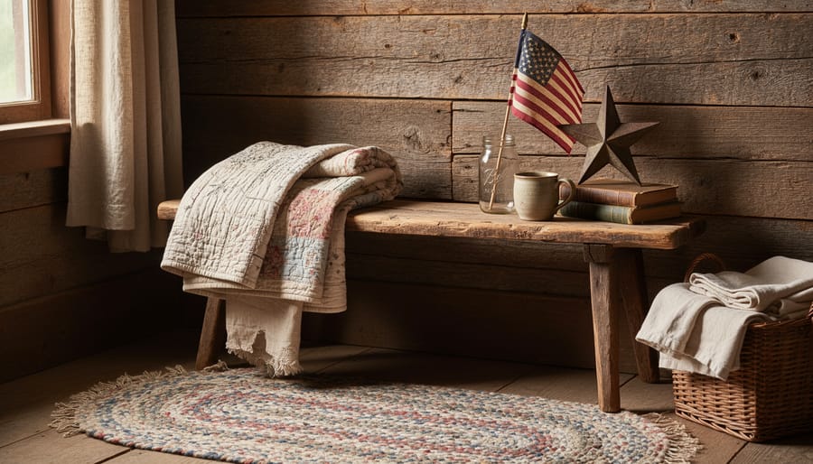 Primitive living room vignette with weathered pine table, tin lantern, stoneware crock, and linen textiles.