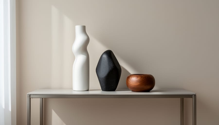 Three contemporary sculptural objects arranged on a console shelf in a styled hallway vignette.