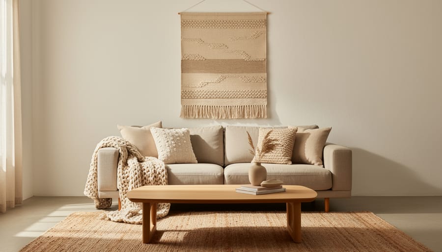 Textured woven wall hanging with linen textiles and warm wood in a minimal cozy room