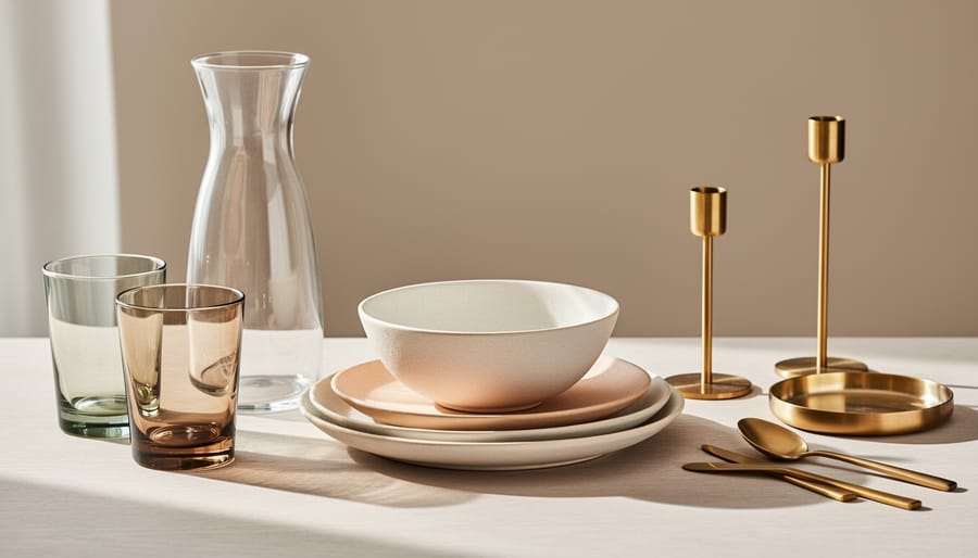 Top-down view of a dining table styled with a borosilicate glass bowl, ceramic dishes, and brass candle holder