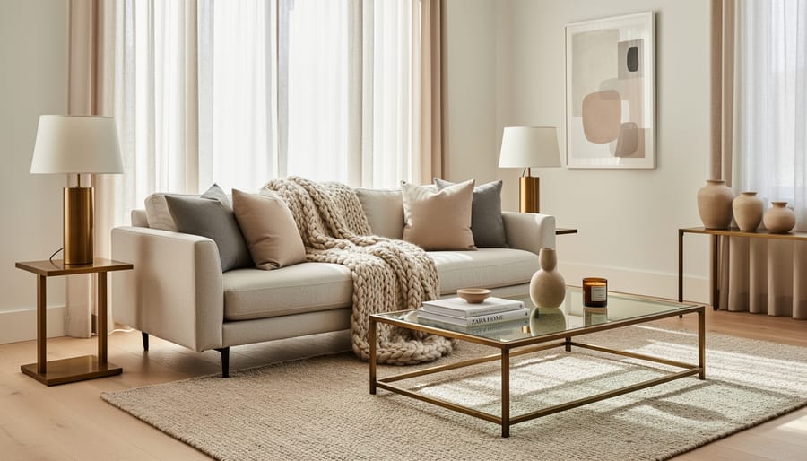 Styled living room with glass-and-brass lamp, ceramic vase, and neutral throw in a Zara Home, inspired decor setting