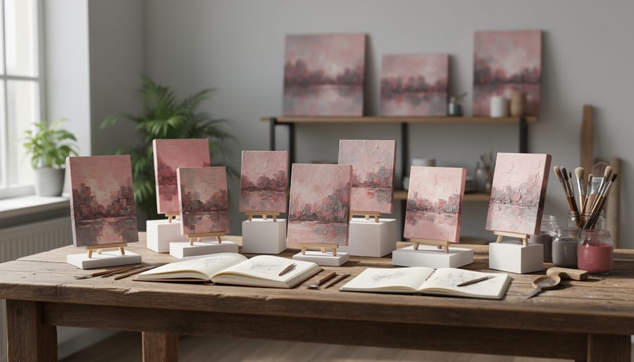 Abstract artwork on an easel in a clean studio with paint tools and supplies nearby.