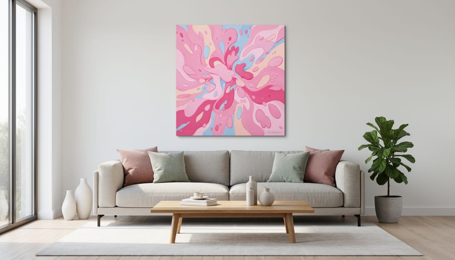 Abstract magenta and teal framed artwork displayed above a mid-century modern sofa in a bright living room.