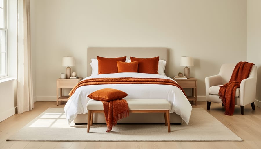 Bedroom bedside scene with burnt orange curtains, white linens, and a terracotta vase