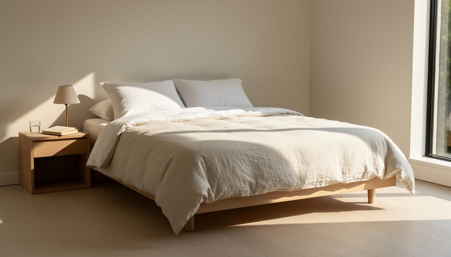 Bright minimalist bedroom with neatly made white linen bed, bedside lamp, and warm morning sunlight.