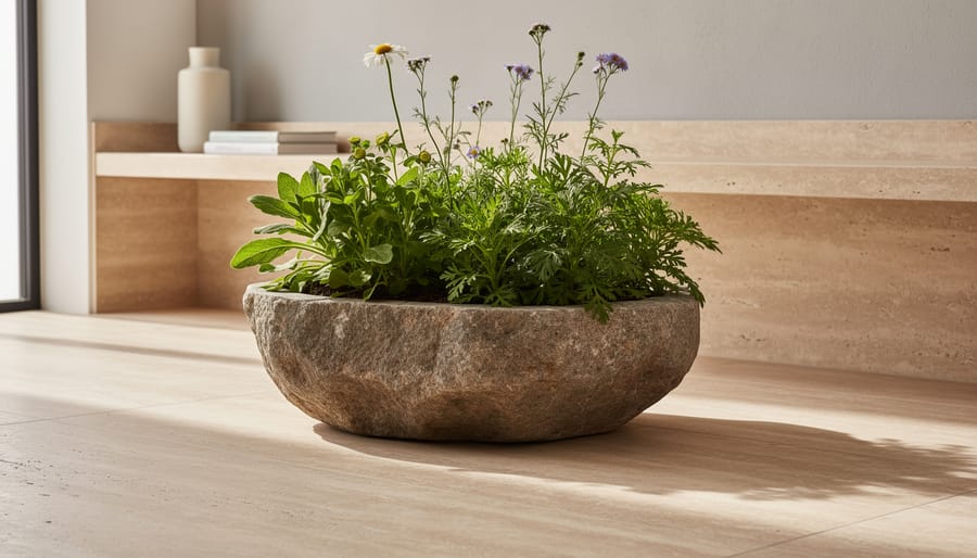 Close-up of natural stone accents on a modern side table including a stone planter and stone coasters