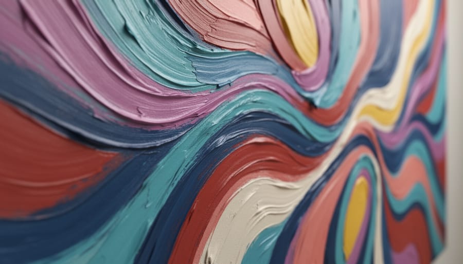 Close-up of textured abstract mixed-media artwork on a wood panel with visible layered surface.