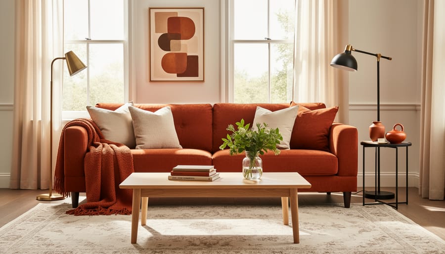 Cozy living room with a burnt orange velvet sofa and throw pillows, cream rug, and warm lighting
