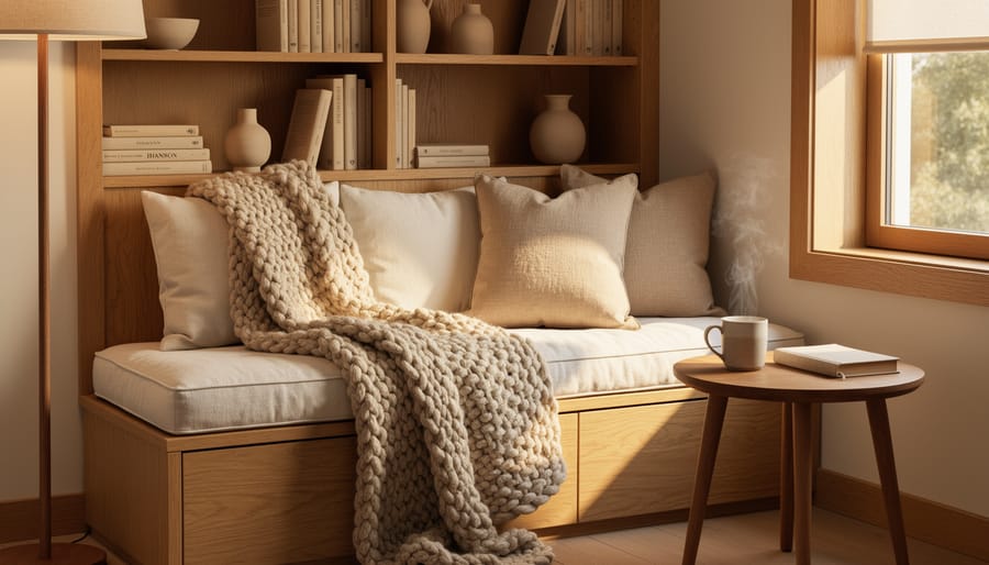 Cozy reading nook with natural wood seating, linen cushions, wool throw, and warm lamp lighting