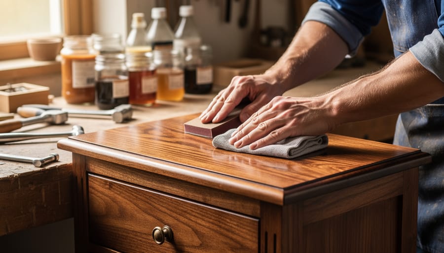 Hands applying wood stain to a refinished chair in a traditional-style room