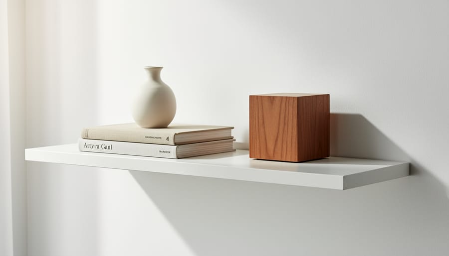 Hands styling a neutral ceramic bowl and wooden tray on a minimalist open shelf with organized, uncluttered surfaces.