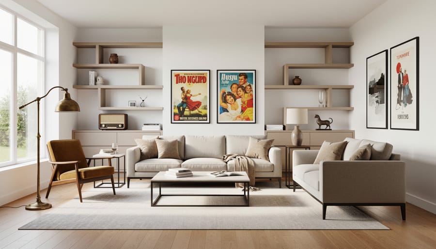 Living room blending modern furniture with a vintage leather armchair and mid-century elements