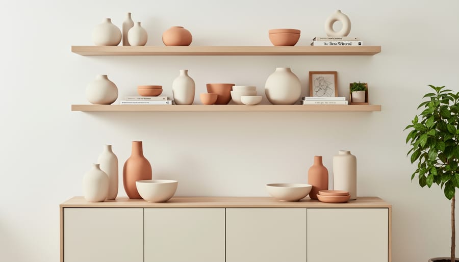 Matte ceramic vases and decor arranged in a warm neutral shelf vignette