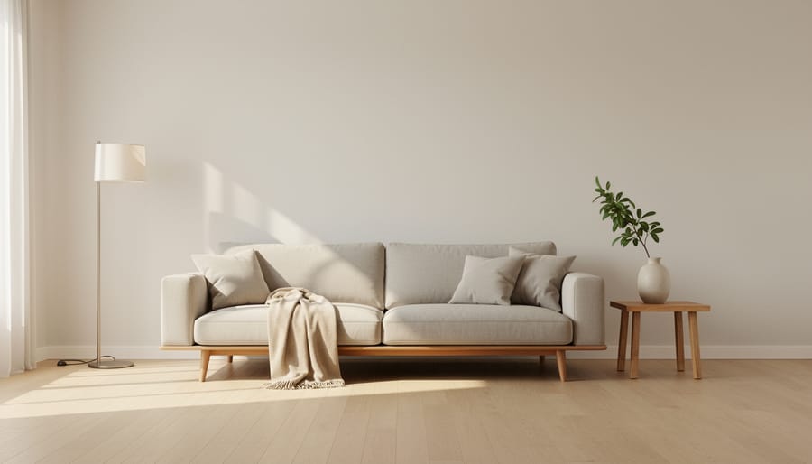 Minimalist living room with a low-profile sofa, linen throw, and a single ceramic vase in a bright, uncluttered space.