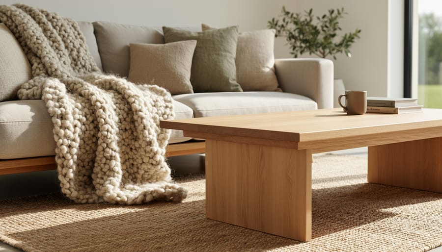 Modern living room corner with layered natural textures including boucle, linen, wool, and a warm wood coffee table