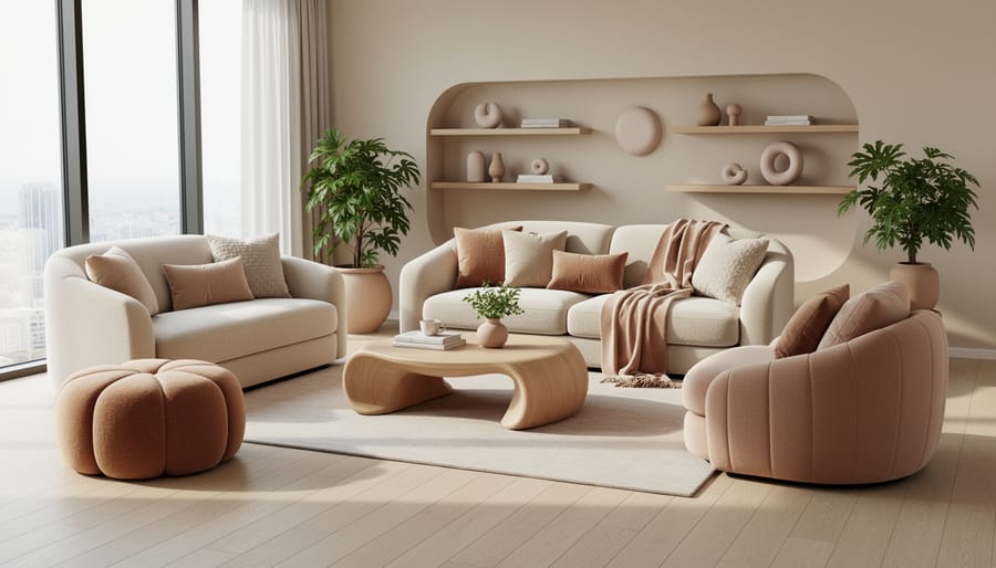Modern living room featuring a curved sofa and rounded walnut coffee table with warm neutral styling