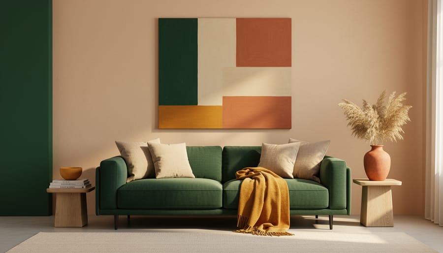 Room vignette featuring deep green chair, sand sofa, terracotta vase, and ochre accents