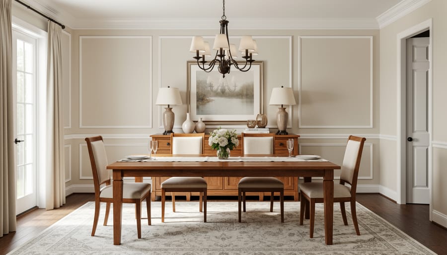 Symmetrical traditional dining room with dark wood table, carved chairs, and classic drapery