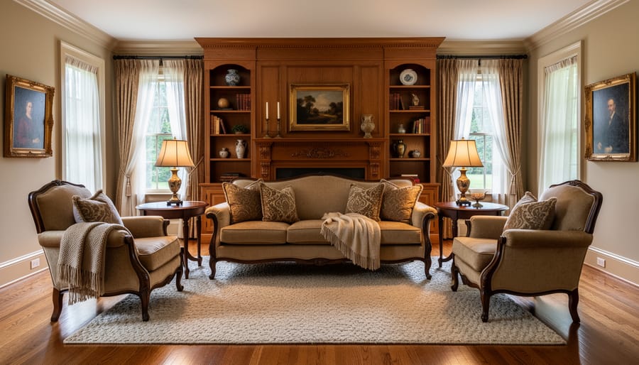 Traditional living room with a Chesterfield sofa, wingback chair, layered curtains, and warm wood accents