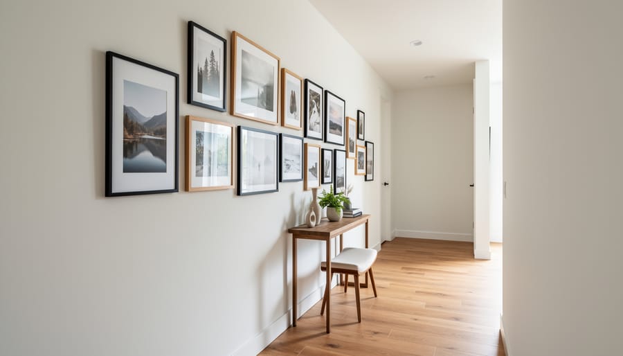 Two small abstract framed artworks arranged on a neutral hallway wall.