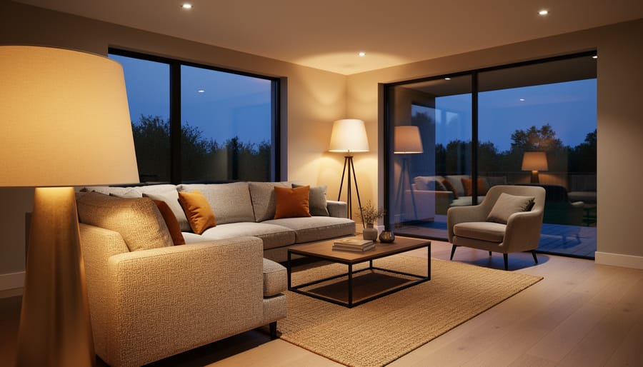 Warm ambient lighting in a modern living room with linen shade floor lamp and ceramic table lamp