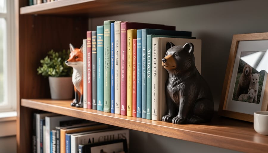 Cat and woodland animal-shaped bookends on a bookshelf
